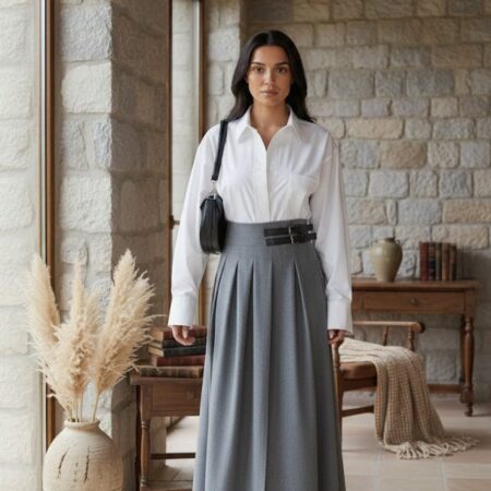 Gri Önden Yırtmaç Detaylı Çift Kemerli Etek