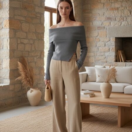 Kadın Gri Madonna Yaka Fermuar Detaylı Triko Kazak