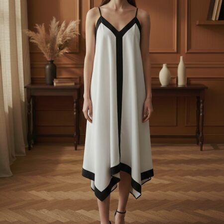 Kadın Beyaz V Yaka Asimetrik Midi Askılı Elbise