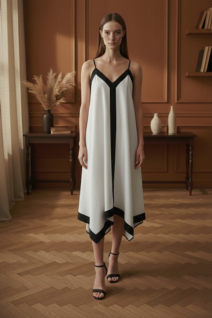 Kadın Beyaz V Yaka Asimetrik Midi Askılı Elbise