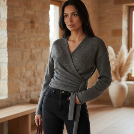 Füme Yandan Bağlamalı Kruvaze Triko