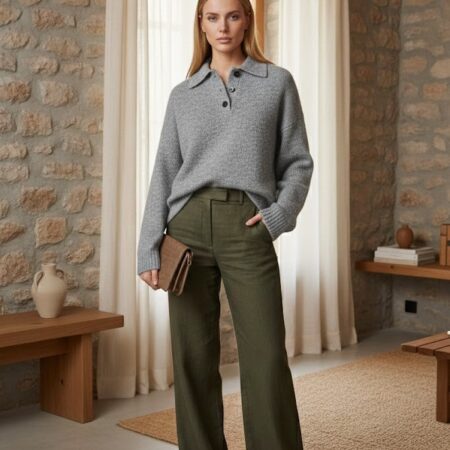 Kadın Gri Polo Yaka Düğmeli Triko Kazak