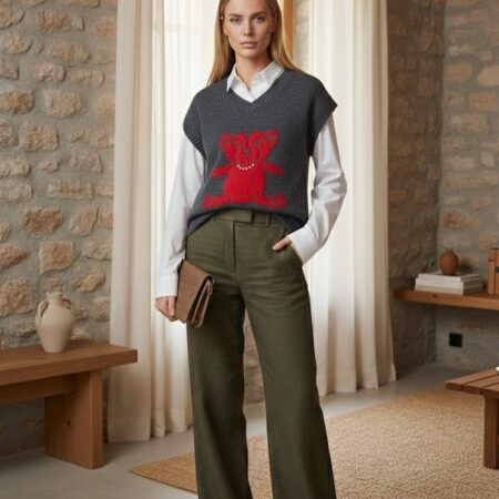 Kadın Gri V Yaka Ayıcıklı Taşlı Süveter