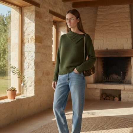 Kadın Haki Balıkçı Yaka Düğme Detaylı Triko Kazak