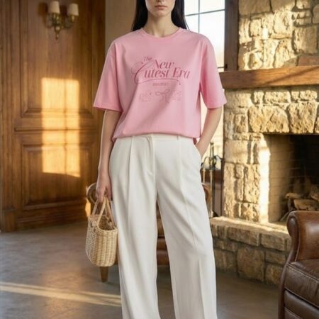 Kadın Pembe Bisiklet Yaka Baskılı Pamuk T-Shirt