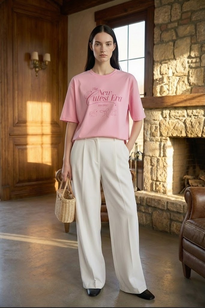 Kadın Pembe Bisiklet Yaka Baskılı Pamuk T-Shirt