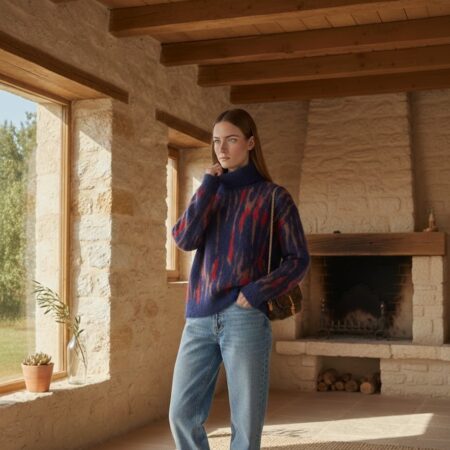 Kadın Indigo Şardonlu Desenli Boğazlı Triko Kazak