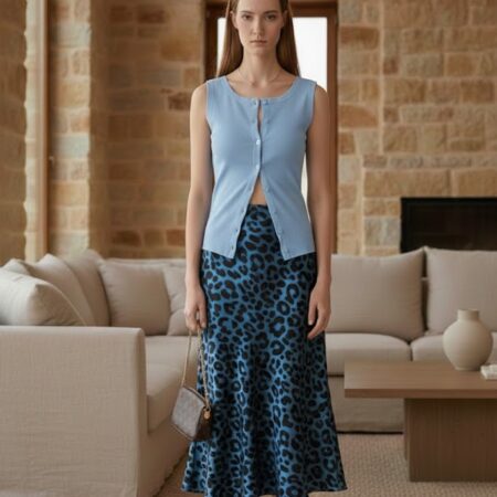 Kadın Mavi Düğmeli Örme Yelek