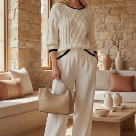 Kadın Krem Bisiklet Yaka Kolları Büzgülü Triko Kazak