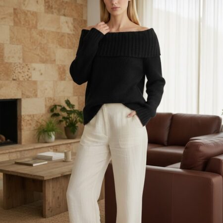 Kadın Krem Degaje Yaka Katlamalı Triko Kazak