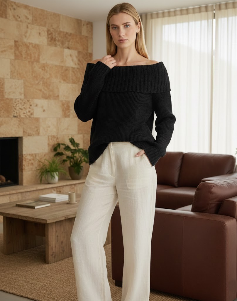 Kadın Krem Degaje Yaka Katlamalı Triko Kazak