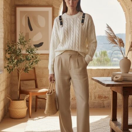 Kadın Krem Kemer Detaylı Bisiklet Yaka Triko Kazak