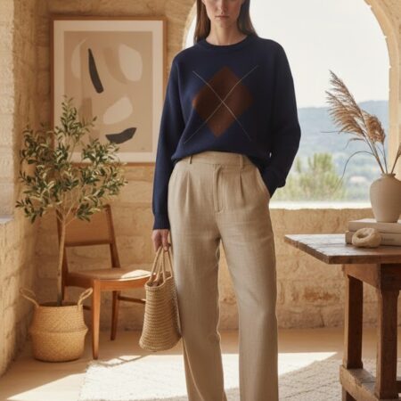 Kadın Lacivert Bisiklet Yaka Baklava Desen Detaylı Triko Kazak