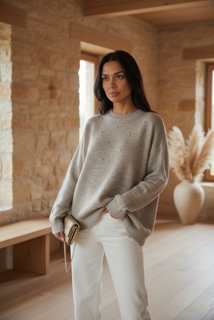 Kadın Açık Bej Bisiklet Yaka Taşlı Oversize Kazak