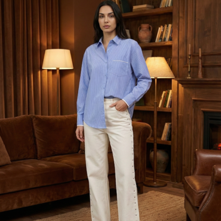 Kadın Mavi Çizgili Oversize Kol Detaylı Pamuklu Gömlek