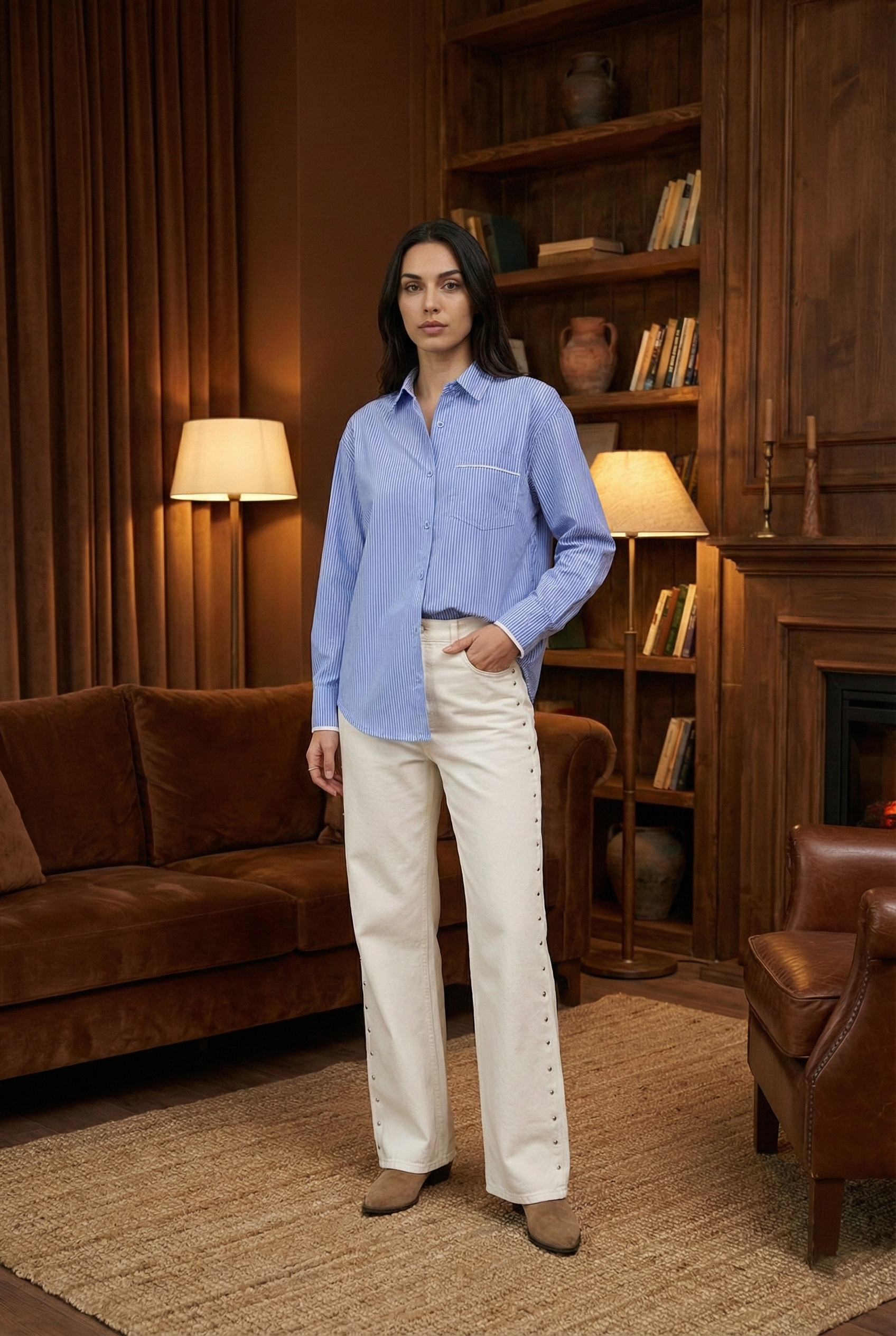 Kadın Mavi Çizgili Oversize Kol Detaylı Pamuklu Gömlek