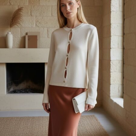 Kadın Krem Pencereli Düğme Detaylı Oversize Kazak