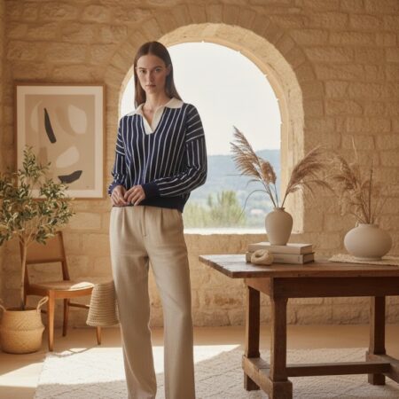 Kadın Lacivert Çizgili Polo Yaka Viskon Triko Kazak