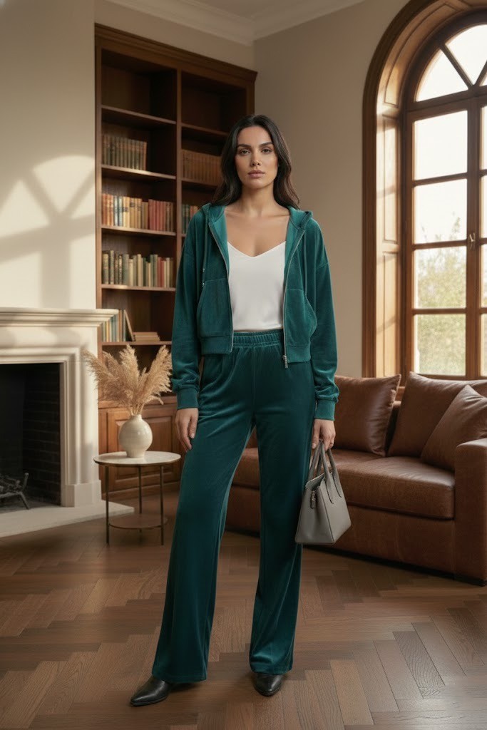 Kadın Kadife Fermuarlı Sweatshirt-Beli Lastikli Pantolon Örme Takım