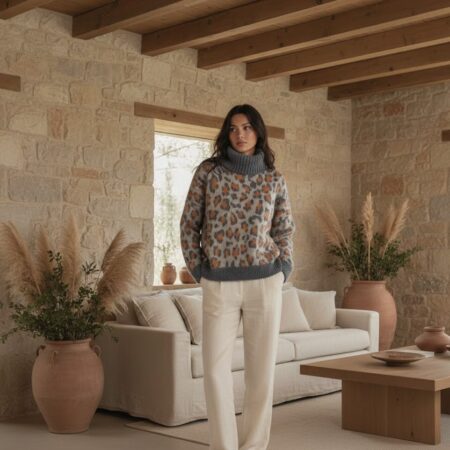 Kadın Leopar Desen Şardonlu Boğazlı Triko Kazak