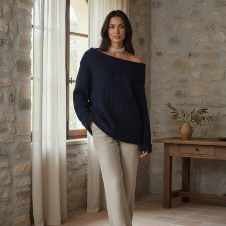 Kadın Lacivert Degaje Yaka Katlamalı Uzun Triko Kazak