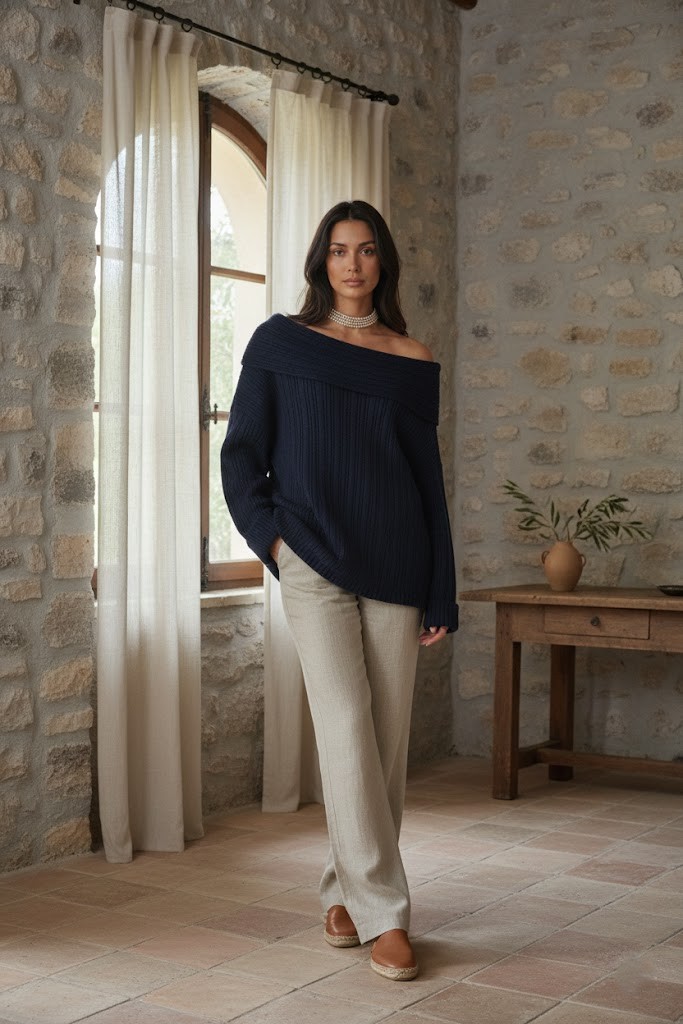 Kadın Lacivert Degaje Yaka Katlamalı Uzun Triko Kazak