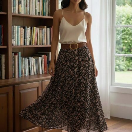 Kadın Desenli Uzun Pileli Etek