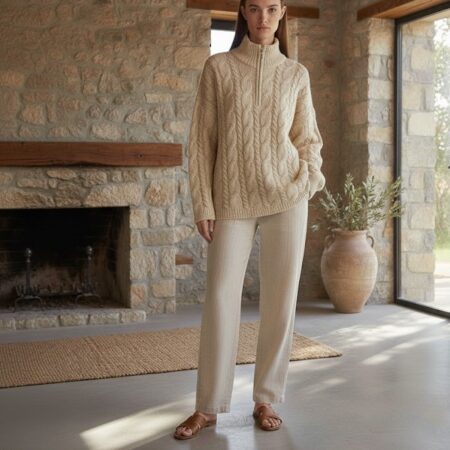 Kadın Açık Bej Fermuarlı Saç Örgü Desenli Triko Kazak