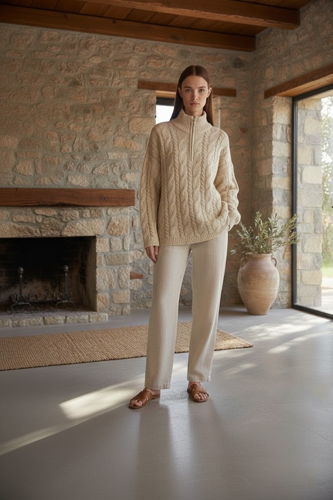 Kadın Açık Bej Fermuarlı Saç Örgü Desenli Triko Kazak