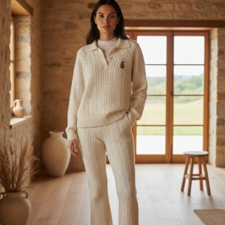 Kadın Krem Polo Yaka Saç Örgülü Nakışlı Triko Kazak