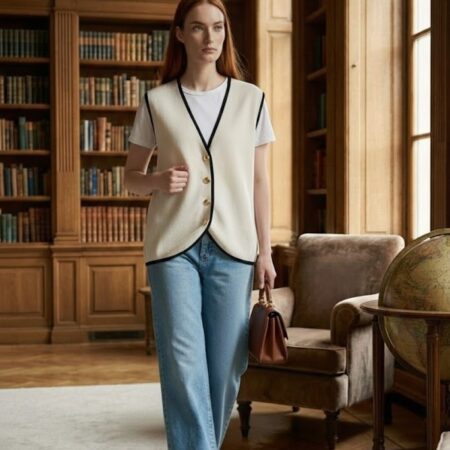 Kadın Krem Biyeli 4 Düğmeli Triko Yelek