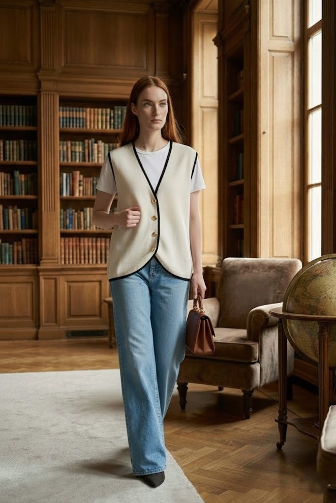 Kadın Krem Biyeli 4 Düğmeli Triko Yelek