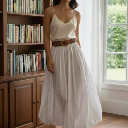 Kadın Beyaz Yüksek Bel Uzun Balon Etek