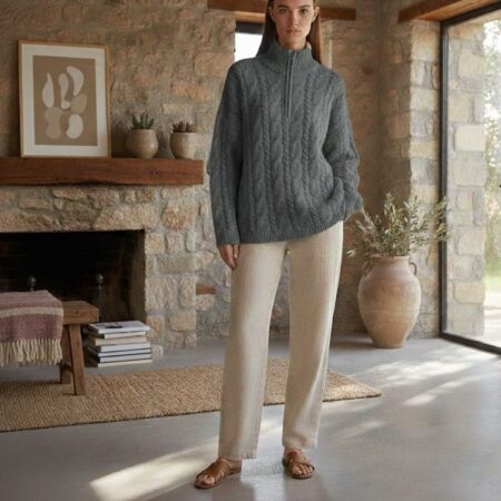 Kadın Antrasit Fermuarlı Saç Örgü Desenli Triko Kazak