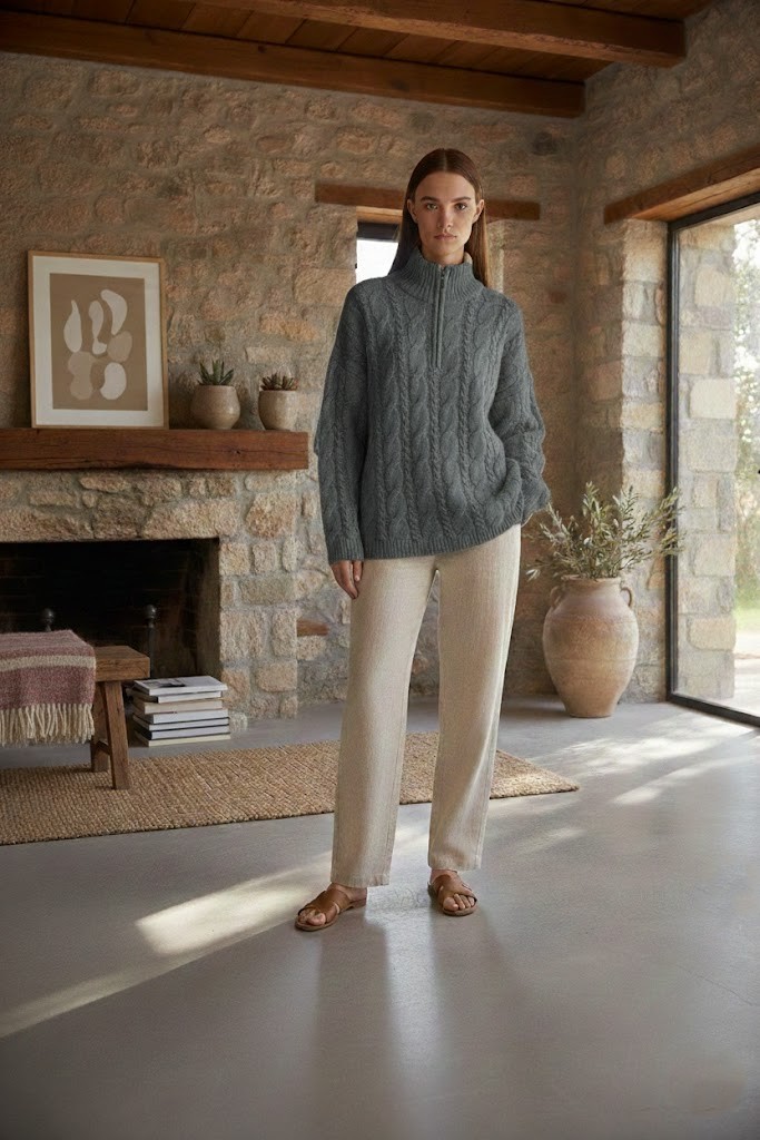 Kadın Antrasit Fermuarlı Saç Örgü Desenli Triko Kazak