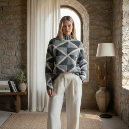 Kadın Antrasit Havlu Desen Balıkçı Yaka Triko Kazak