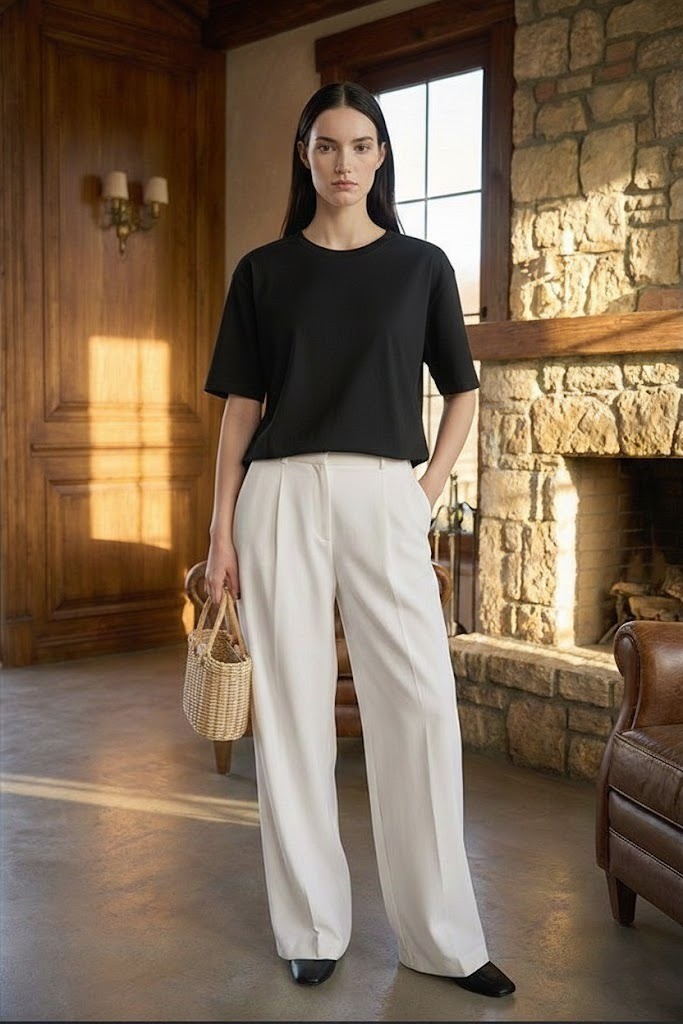 Kadın Siyah Bisiklet Yaka Nakış Detaylı %100 Pamuk T-shirt