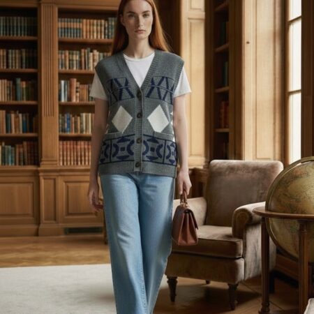 Kadın Lacivert Bisiklet Yaka Desenli Uzun Yelek