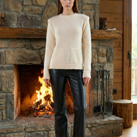 Kadın Krem Bisiklet Yaka Süveter Görünümlü Cepli Triko Kazak