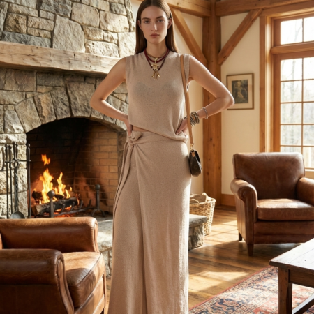 Kadın Bej Kolsuz Bluz-bağlamalı Pantolon Triko Takım