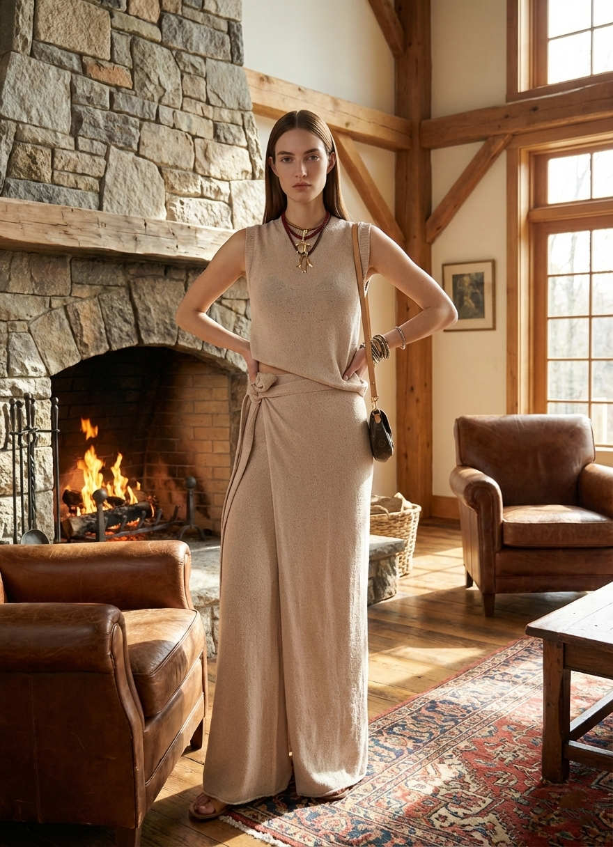 Kadın Bej Kolsuz Bluz-bağlamalı Pantolon Triko Takım