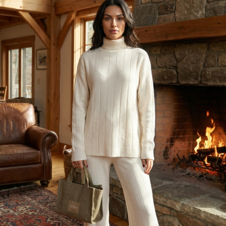 Kadın Krem Kazak-pantolon Fitil Desenli Balıkçı Yaka Triko Takım