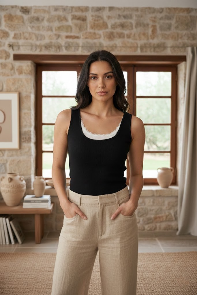 Kadın Siyah Bisiklet Yaka Dantel Detaylı Askılı Atlet