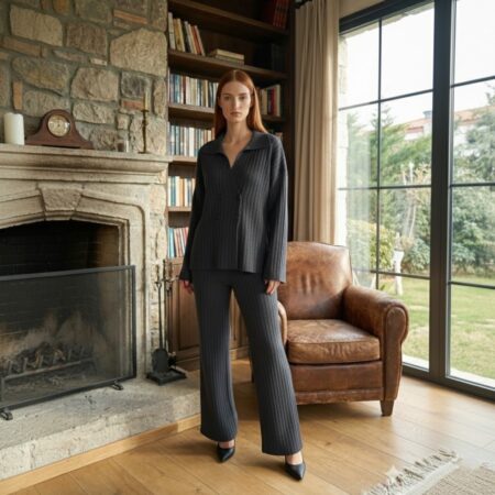 Kadın Füme Kruvaze Yaka Düğmeli Triko Takım