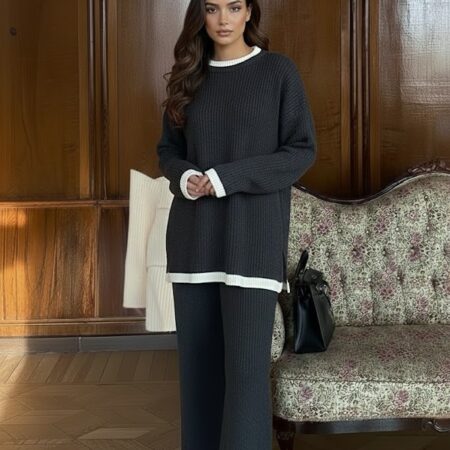 Kadın Füme Bisiklet Yaka Kazak-Pantolon 2'li Triko Takım