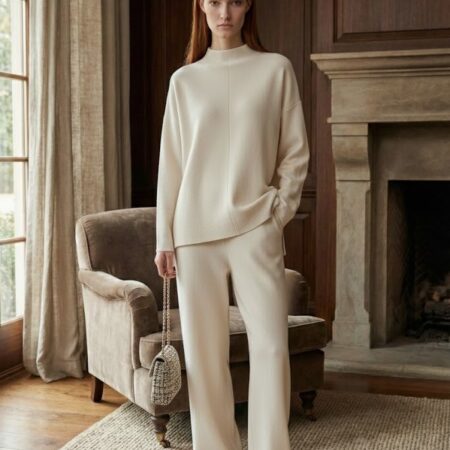 Kadın Krem Kazak-pantolon Yarım Balıkçı Triko Takım