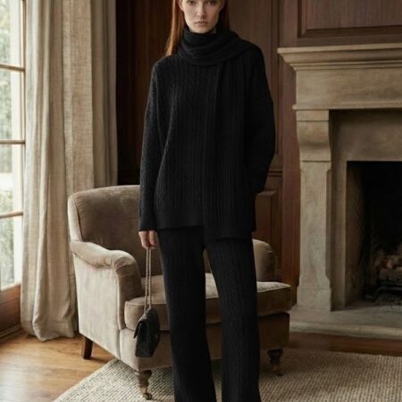 Kadın Siyah Kazak-Şal-Pantolon Saç Örgü 3'lü Triko Takım