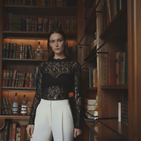 Kadın Siyah Dik Yaka Transparan Dantelli Bluz