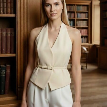 Kadın Sarı Belden Kemer Bağlamalı Yelek