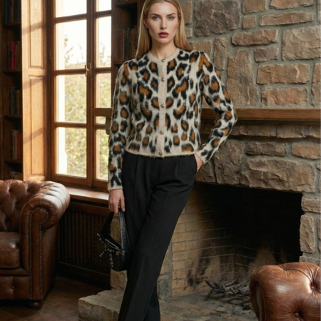 Bej-Kahve Leopar Desenli Yumoş Hırka